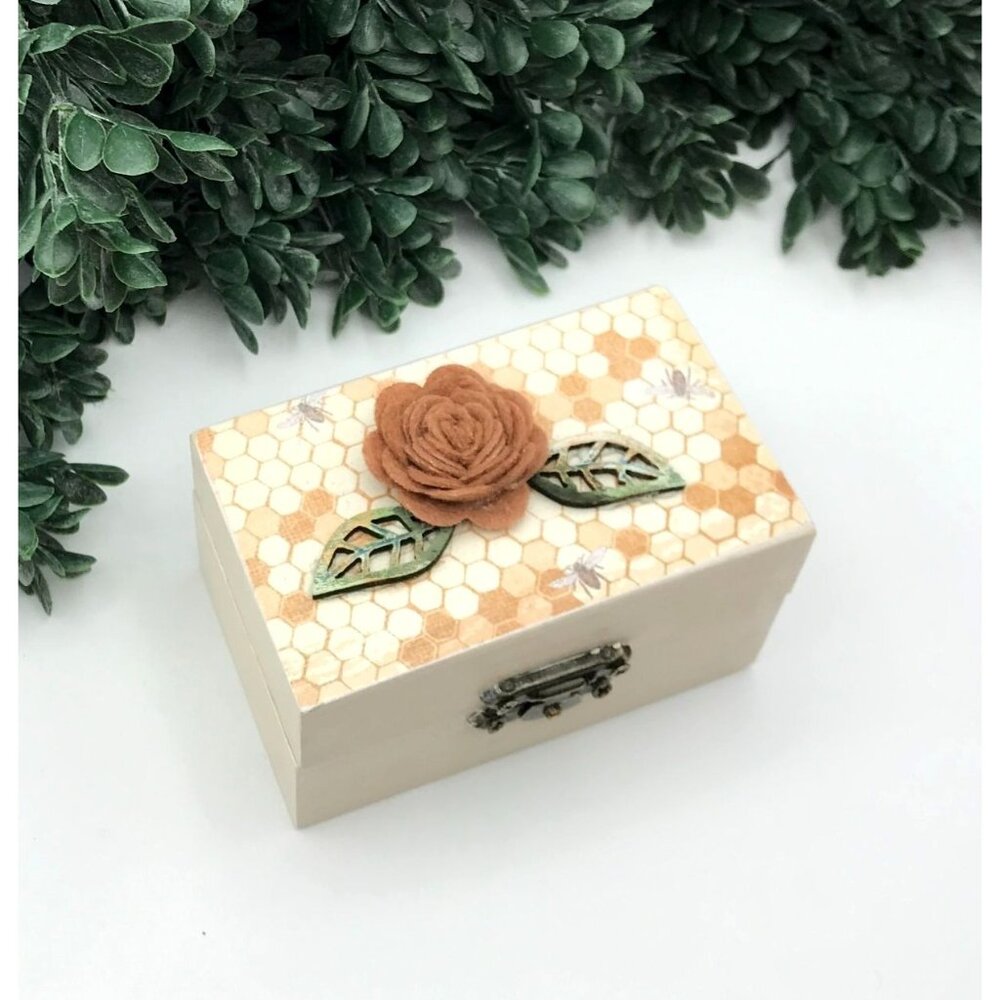 Decorative Small Wooden Trinket Box With Decoupage Floral Design & Honeycomb Pat